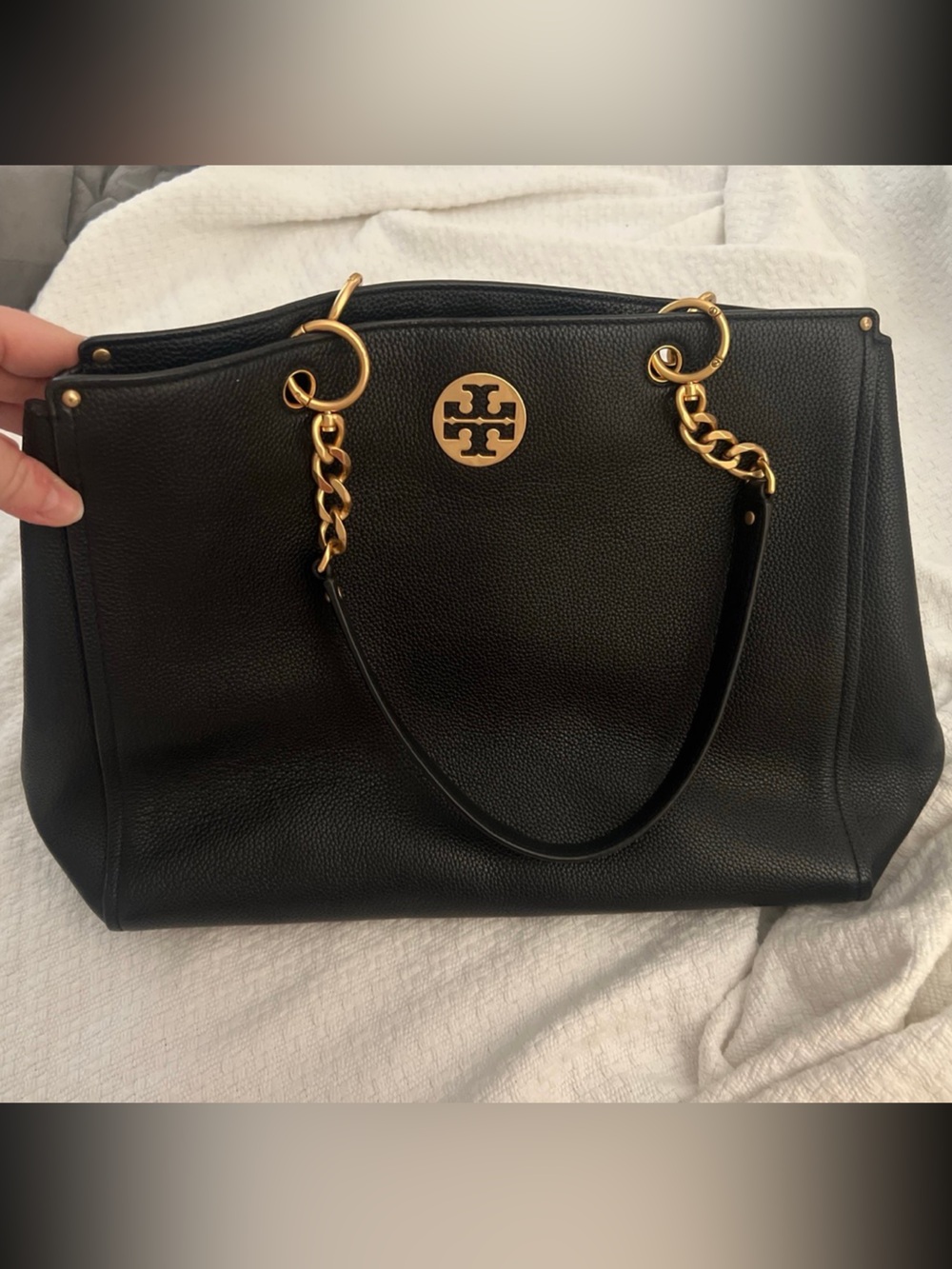 Tory Burch Black Leather Shoulder Tote with Gold Hardware